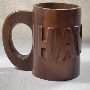 Vntg Hand Carved‎ Monkey Pod Wood "HAWAII" Souvenir Mug Tiki Bar Mia Tia Kahana